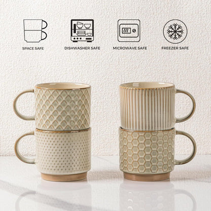 12OZ Stackable Coffee Mugs, Ceramic Coffee Mugs with Texture Patterns for Man,Woman,Dad,Mom, Modern Coffee Mugs Set of 4 for Latte/Cappuccino/Cocoa. Dishwasher&Microwave Safe, Pale Khaki - Renee Lane Company