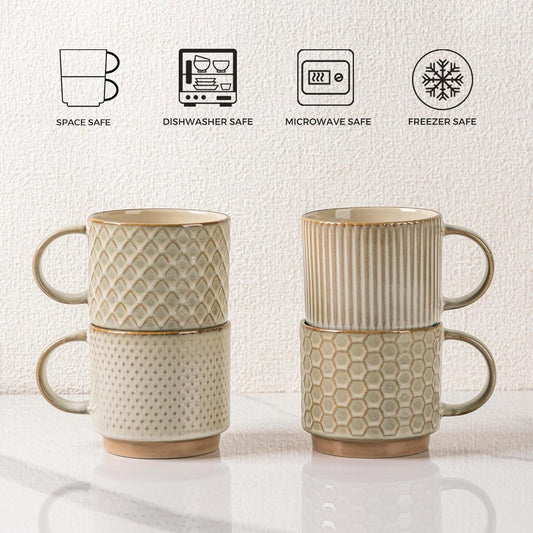 12OZ Stackable Coffee Mugs, Ceramic Coffee Mugs with Texture Patterns for Man,Woman,Dad,Mom, Modern Coffee Mugs Set of 4 for Latte/Cappuccino/Cocoa. Dishwasher&Microwave Safe, Pale Khaki - Renee Lane Company