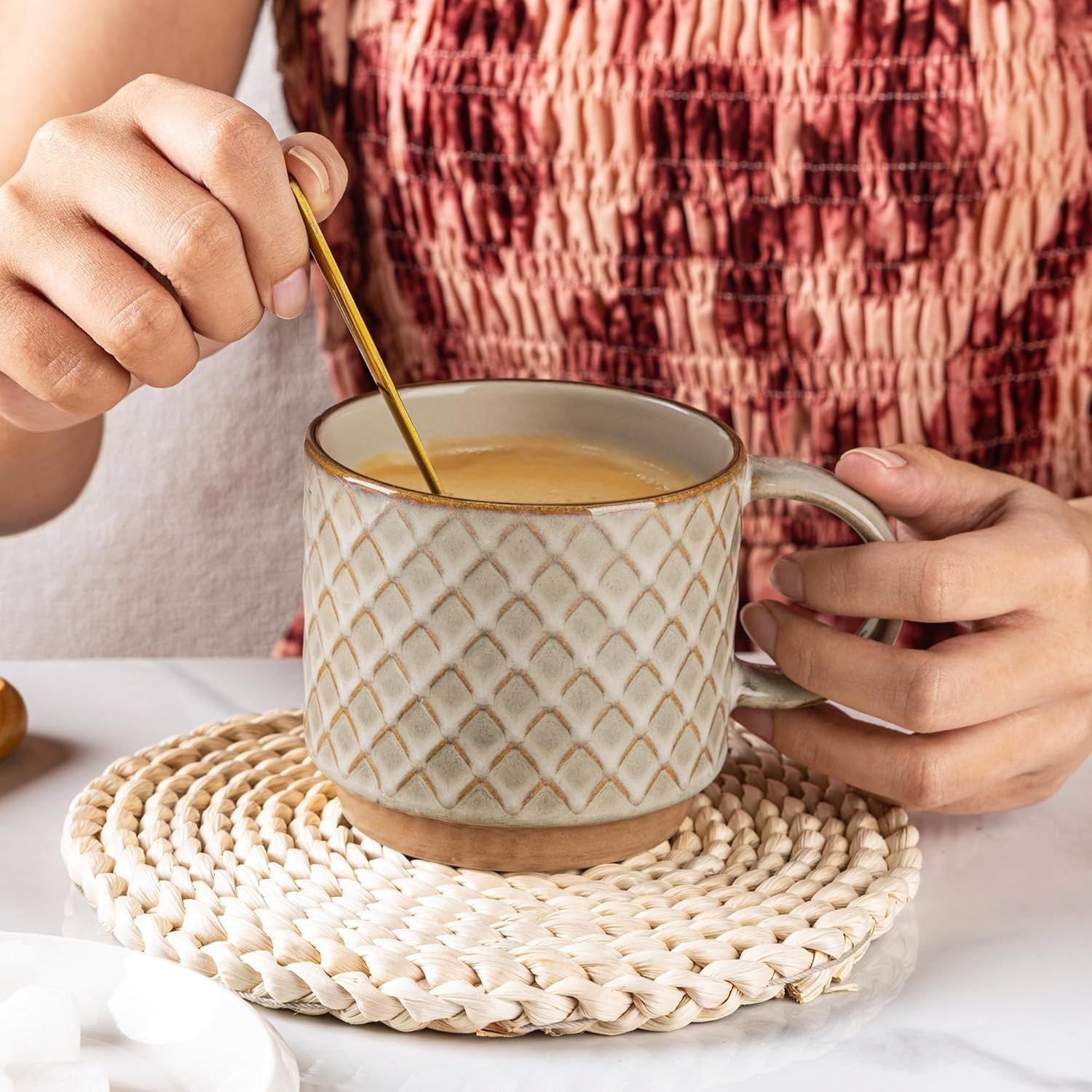 12OZ Stackable Coffee Mugs, Ceramic Coffee Mugs with Texture Patterns for Man,Woman,Dad,Mom, Modern Coffee Mugs Set of 4 for Latte/Cappuccino/Cocoa. Dishwasher&Microwave Safe, Pale Khaki - Renee Lane Company