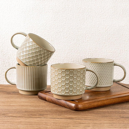 12OZ Stackable Coffee Mugs, Ceramic Coffee Mugs with Texture Patterns for Man,Woman,Dad,Mom, Modern Coffee Mugs Set of 4 for Latte/Cappuccino/Cocoa. Dishwasher&Microwave Safe, Pale Khaki - Renee Lane Company