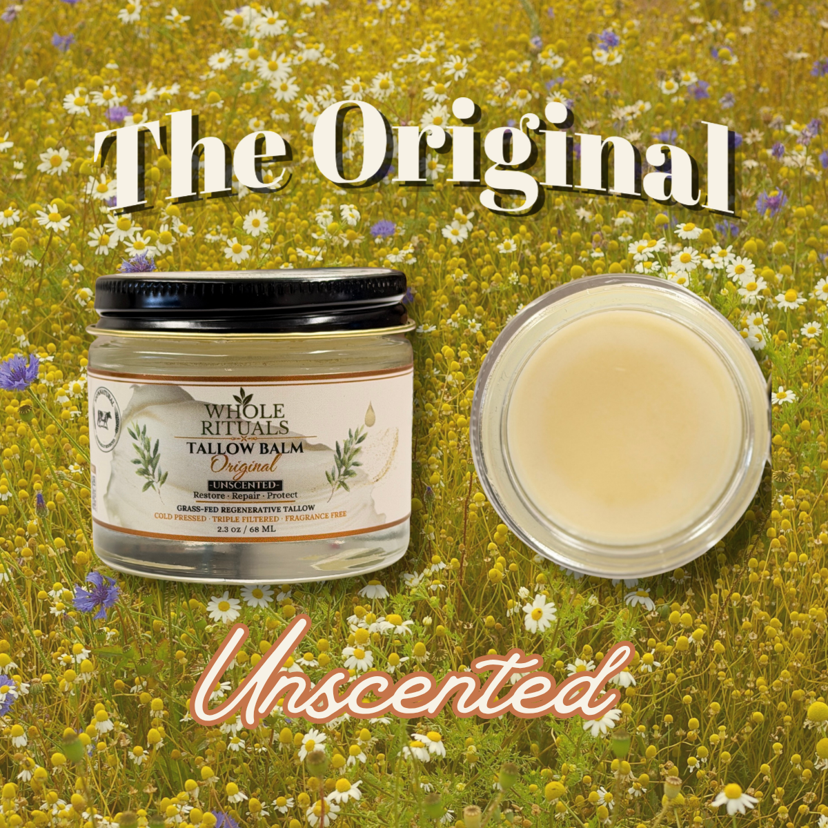 Unscented Original tallow balm jar, open lid showing pale balm