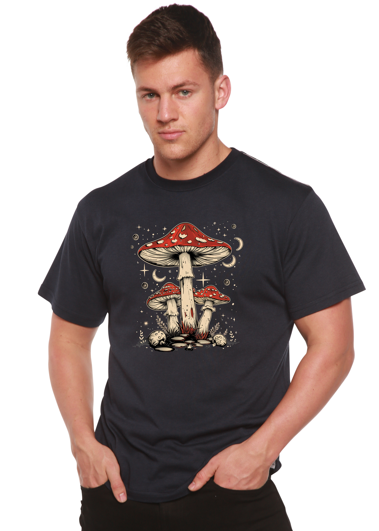Navy unisex graphic T-shirt with red-capped mushroom trio and sparkles, crew neck.