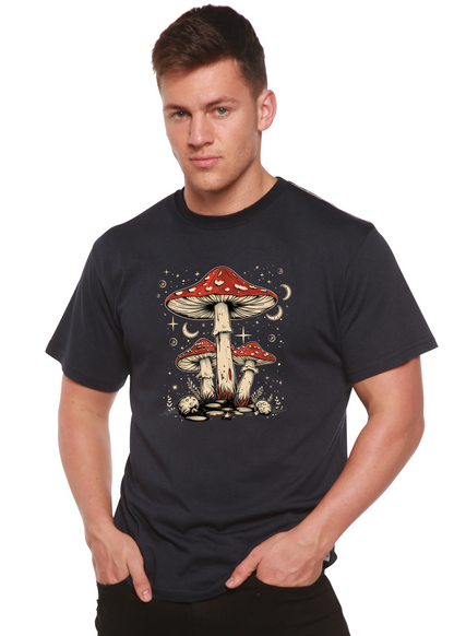 Navy unisex graphic T-shirt with red-capped mushroom trio and sparkles, crew neck.