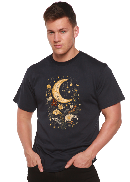 Black unisex T-shirt with crescent moon and floral boho graphic on chest