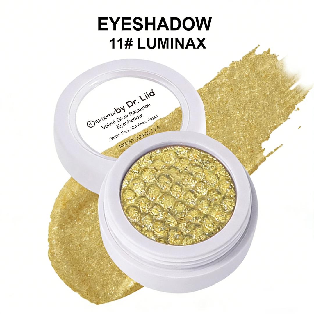 Eyeshadow compact with gold shimmer pan and matching swatch
