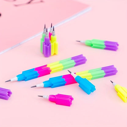 12pcs School Blocks Replaceable Core Rainbow Pencils Writing Tools Kids Gift Pencils Toy Stationery Pen Splicing Office Plastic 5.91*0.39inch - Renee Lane Company