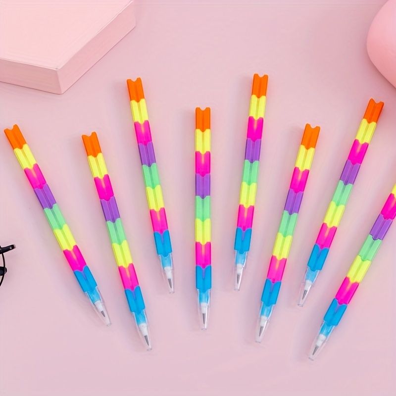 12pcs School Blocks Replaceable Core Rainbow Pencils Writing Tools Kids Gift Pencils Toy Stationery Pen Splicing Office Plastic 5.91*0.39inch - Renee Lane Company