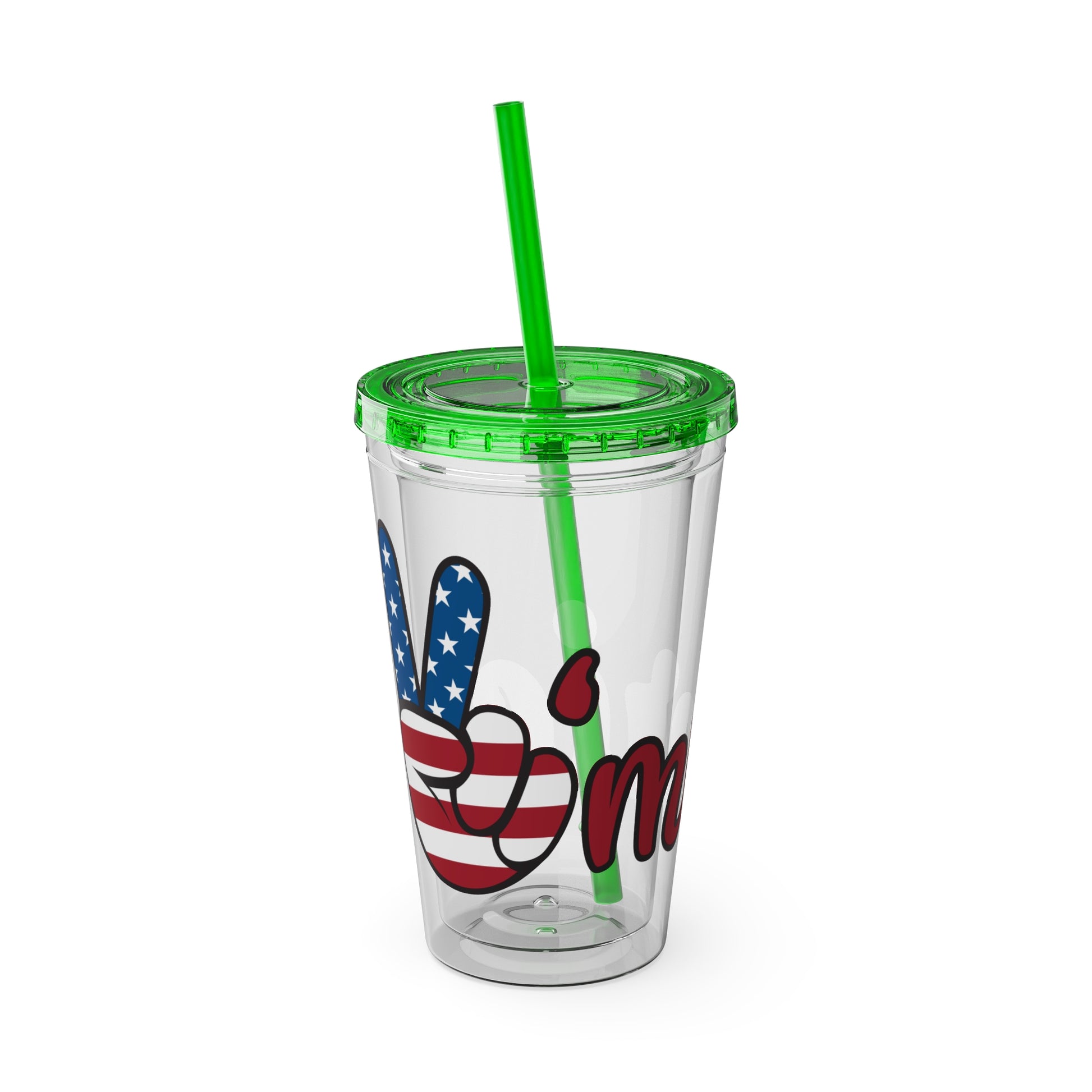 16oz clear tumbler, green lid and straw, blue/red 'm' graphic with stars