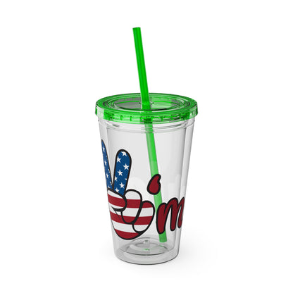 16oz clear tumbler, green lid and straw, blue/red 'm' graphic with stars