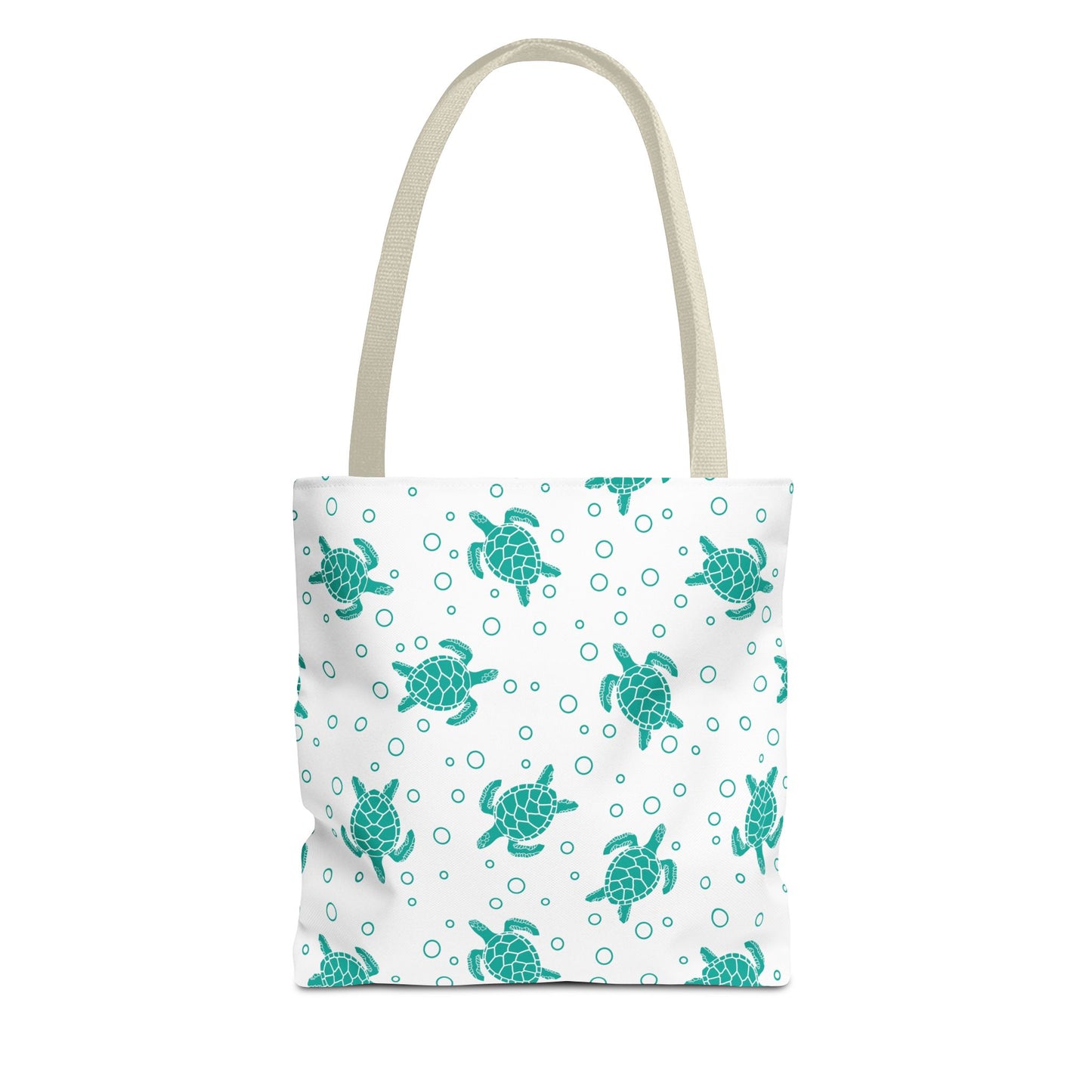 Sea turtle pattern tote bag with teal repeating turtles and beige carry handles