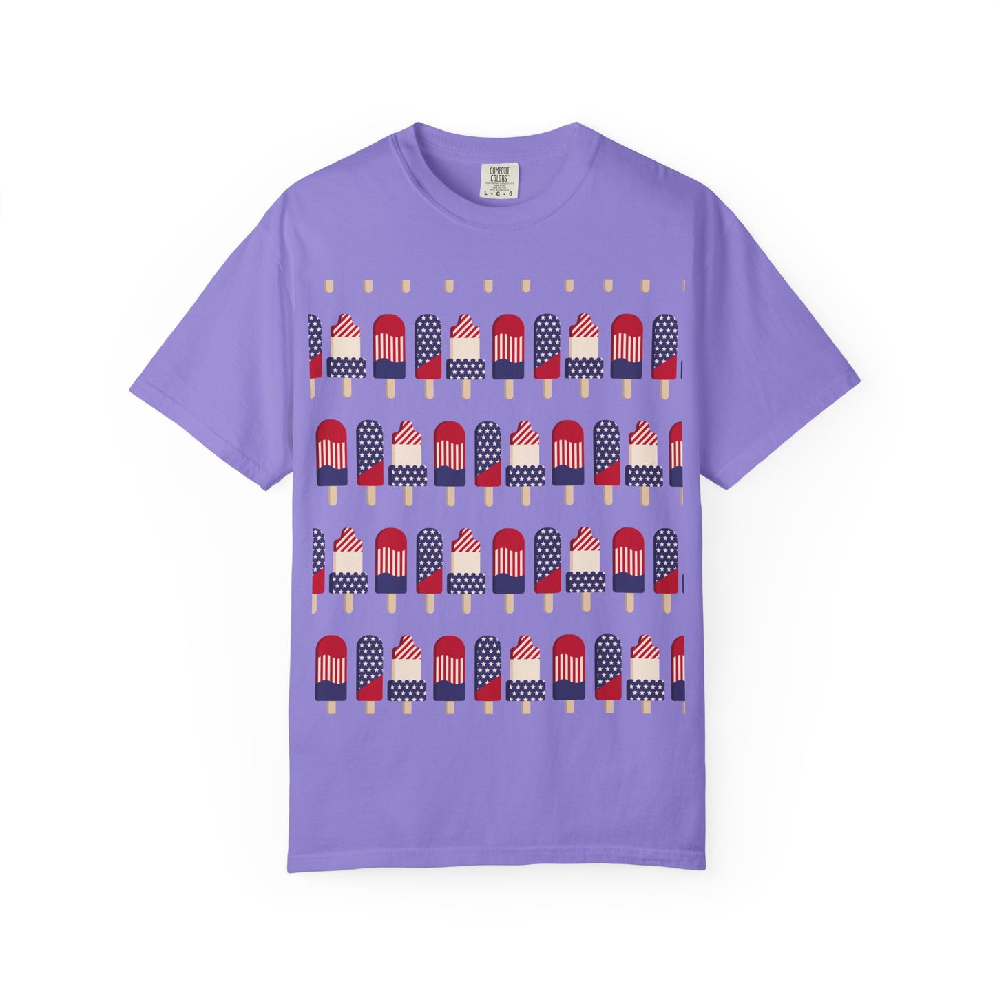 Lavender popsicle T-shirt with red, white, and blue flag popsicle graphic