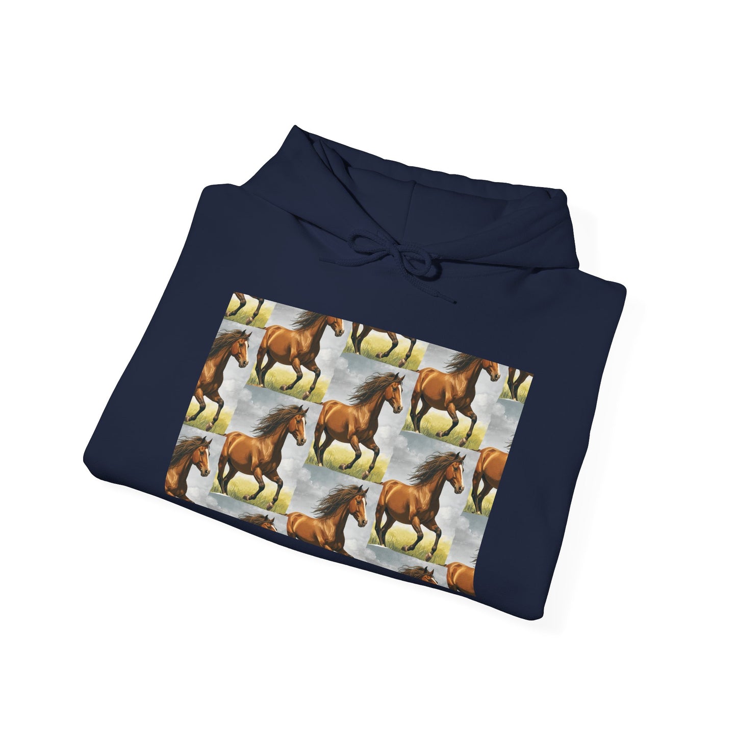 Navy horse pattern hoodie folded flat with hood and horse collage graphic