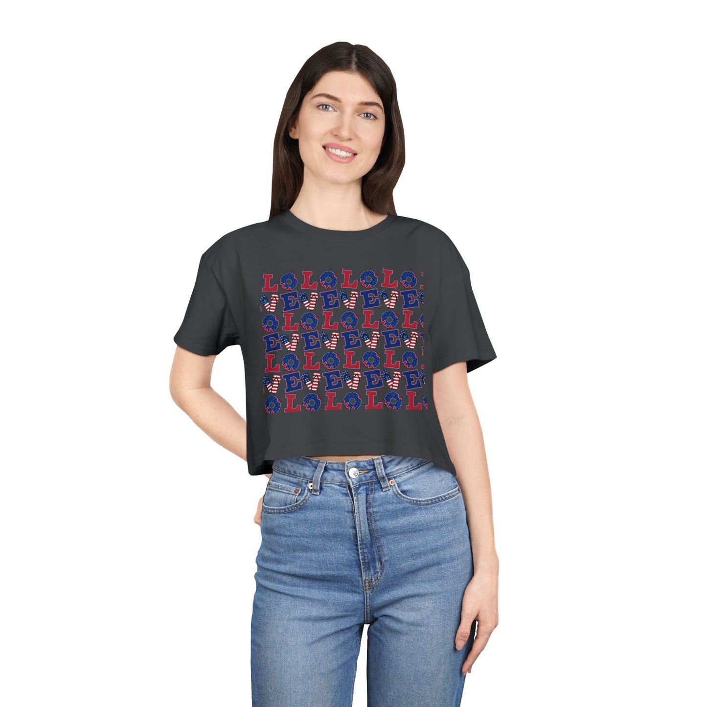 Crop top graphic tee, dark charcoal with multicolor LOL print front