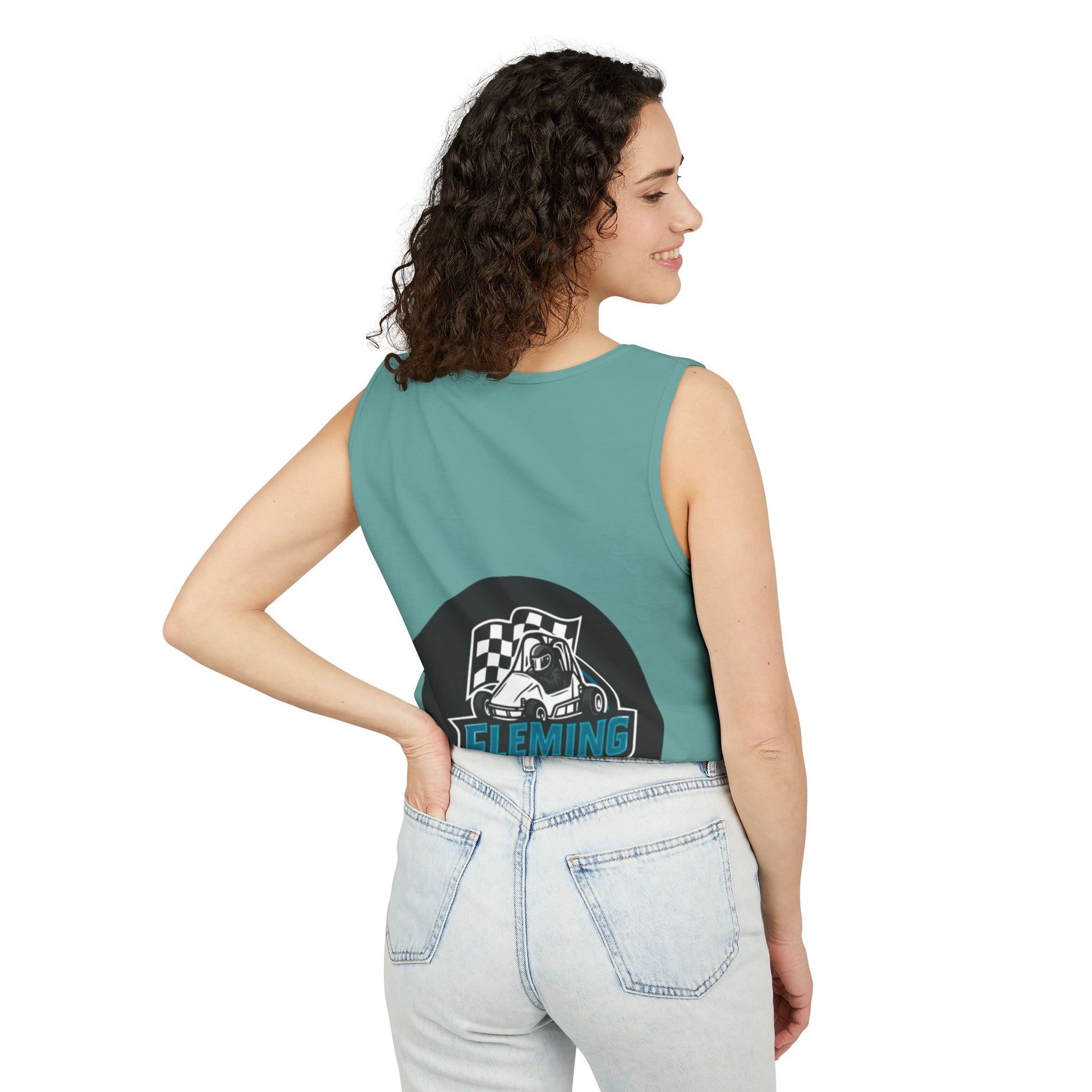 Teal racing tank top with Fleming Racing graphic on the back