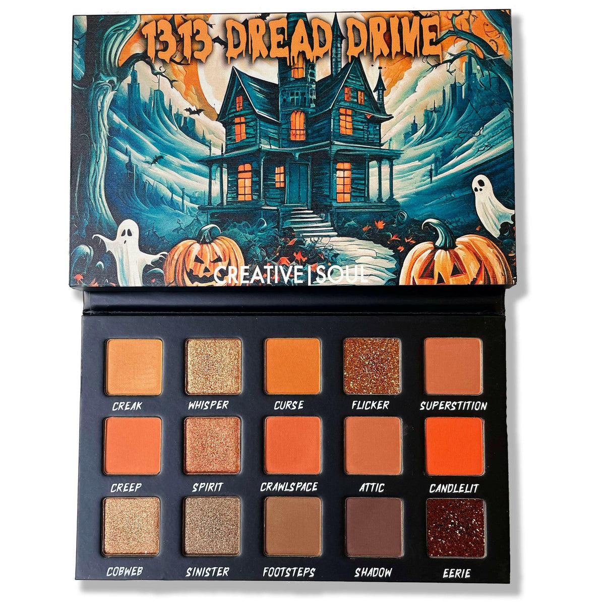 Eyeshadow palette with 16 pans in orange, brown, gold, and dark glitter tones