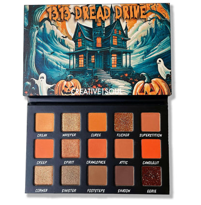 Eyeshadow palette with 16 pans in orange, brown, gold, and dark glitter tones