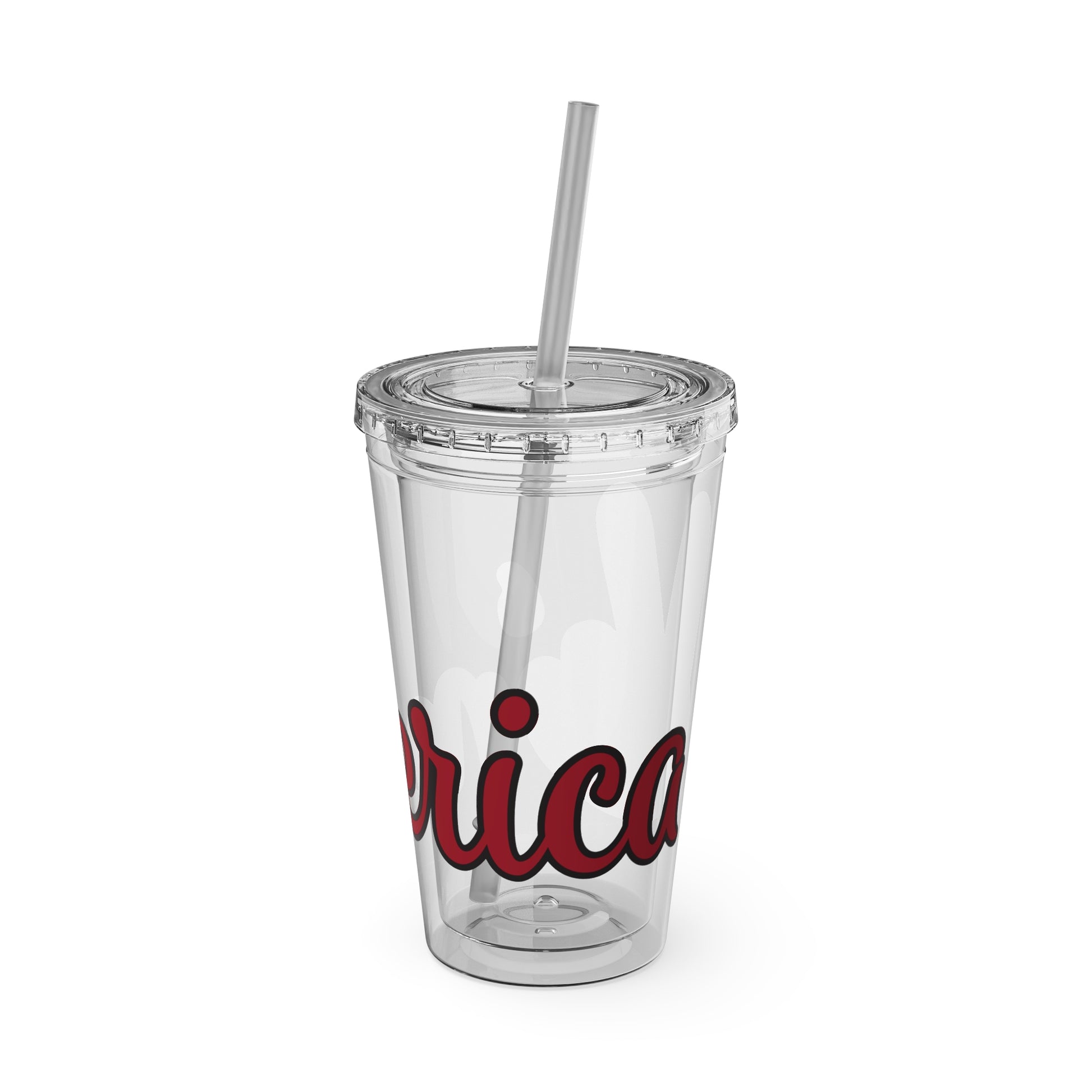 Clear 16oz tumbler with white straw and red script graphic