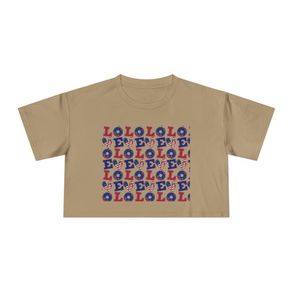 Camel graphic crop tee with multicolor “LOL” block print