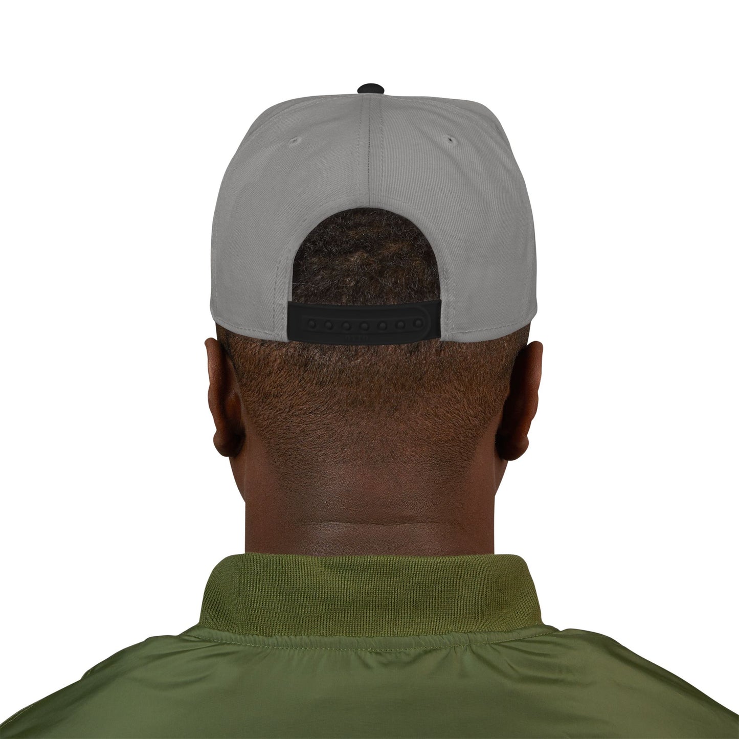 Baseball cap in light gray with adjustable snap band, rear view