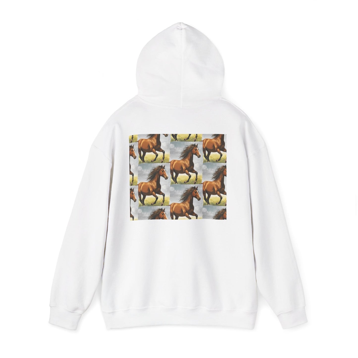 White horse-pattern hoodie, back view with hood and kangaroo pocket