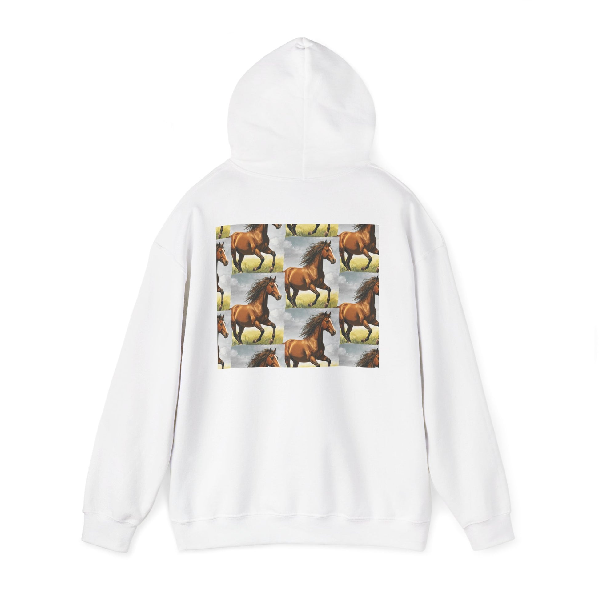 White horse-pattern hoodie, back view with hood and kangaroo pocket