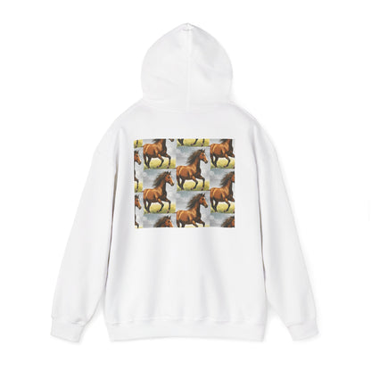 White horse-pattern hoodie, back view with hood and kangaroo pocket