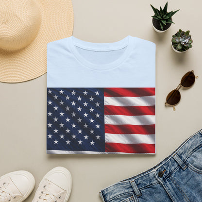 Light blue T-shirt with American flag graphic, blue stars and red stripes