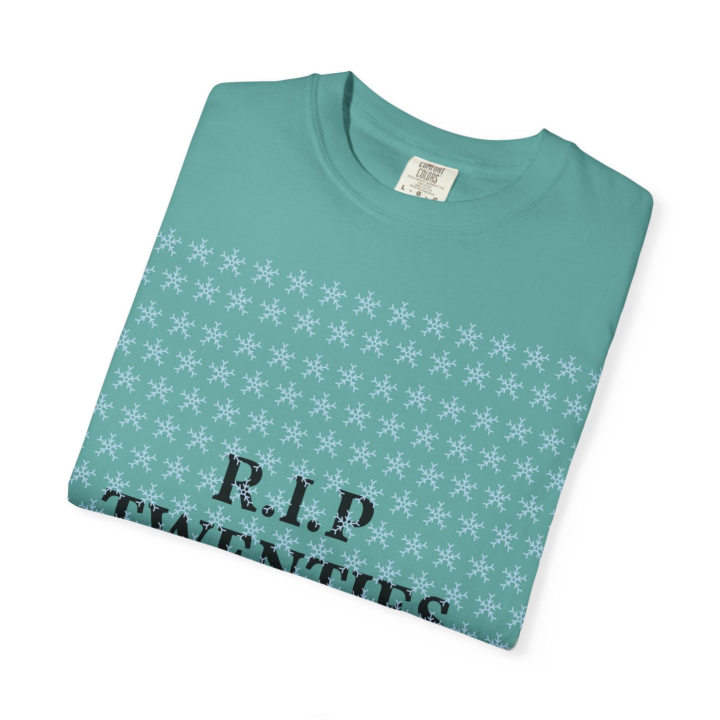 Seafoam unisex garment-dyed T-shirt with white snowflake print and 'R.I.P' text