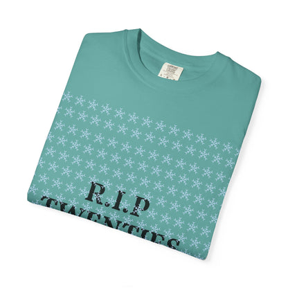 Seafoam unisex garment-dyed T-shirt with white snowflake print and 'R.I.P' text