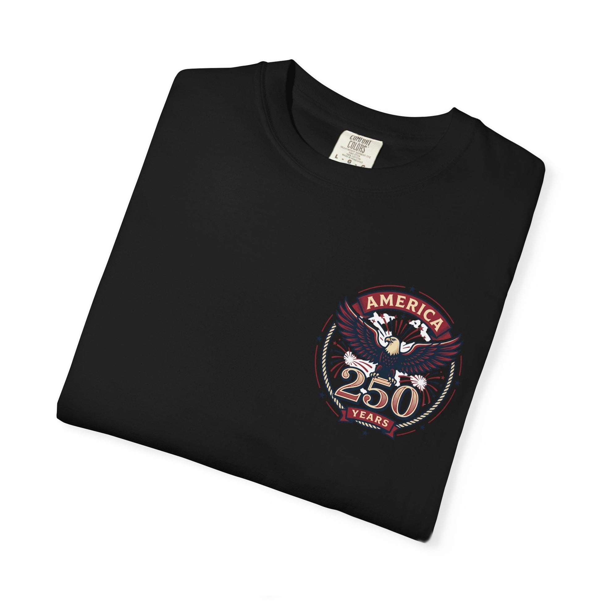 Black T-shirt with America 250 Years eagle emblem graphic on the chest