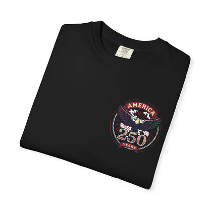 Black T-shirt with America 250 Years eagle emblem graphic on the chest