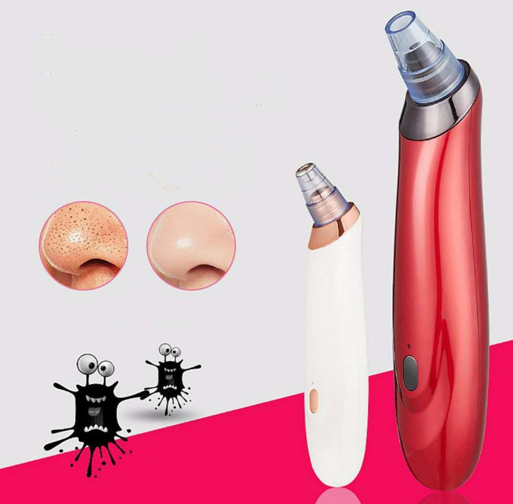 Red and white electric blackhead remover with clear suction head attachments.