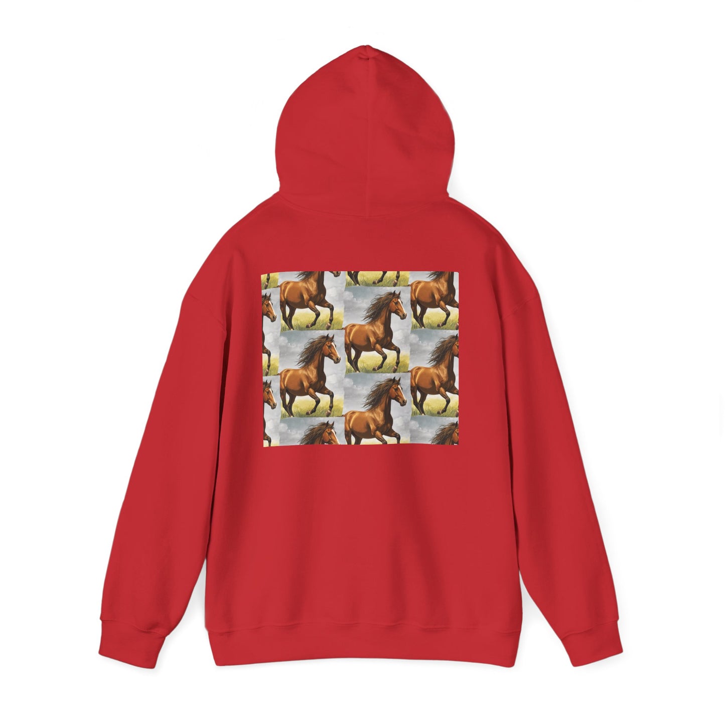 Red horse pattern hoodie with hood and large back horse collage graphic, full sleeves