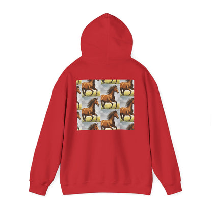 Red horse pattern hoodie with hood and large back horse collage graphic, full sleeves