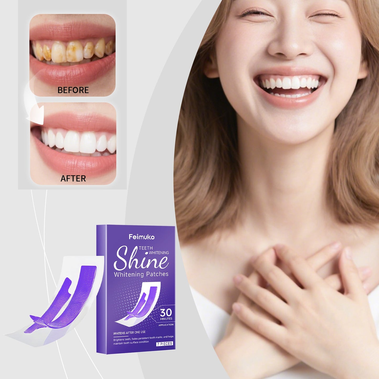 Teeth whitening patches box with before-and-after tooth panel, purple “30”