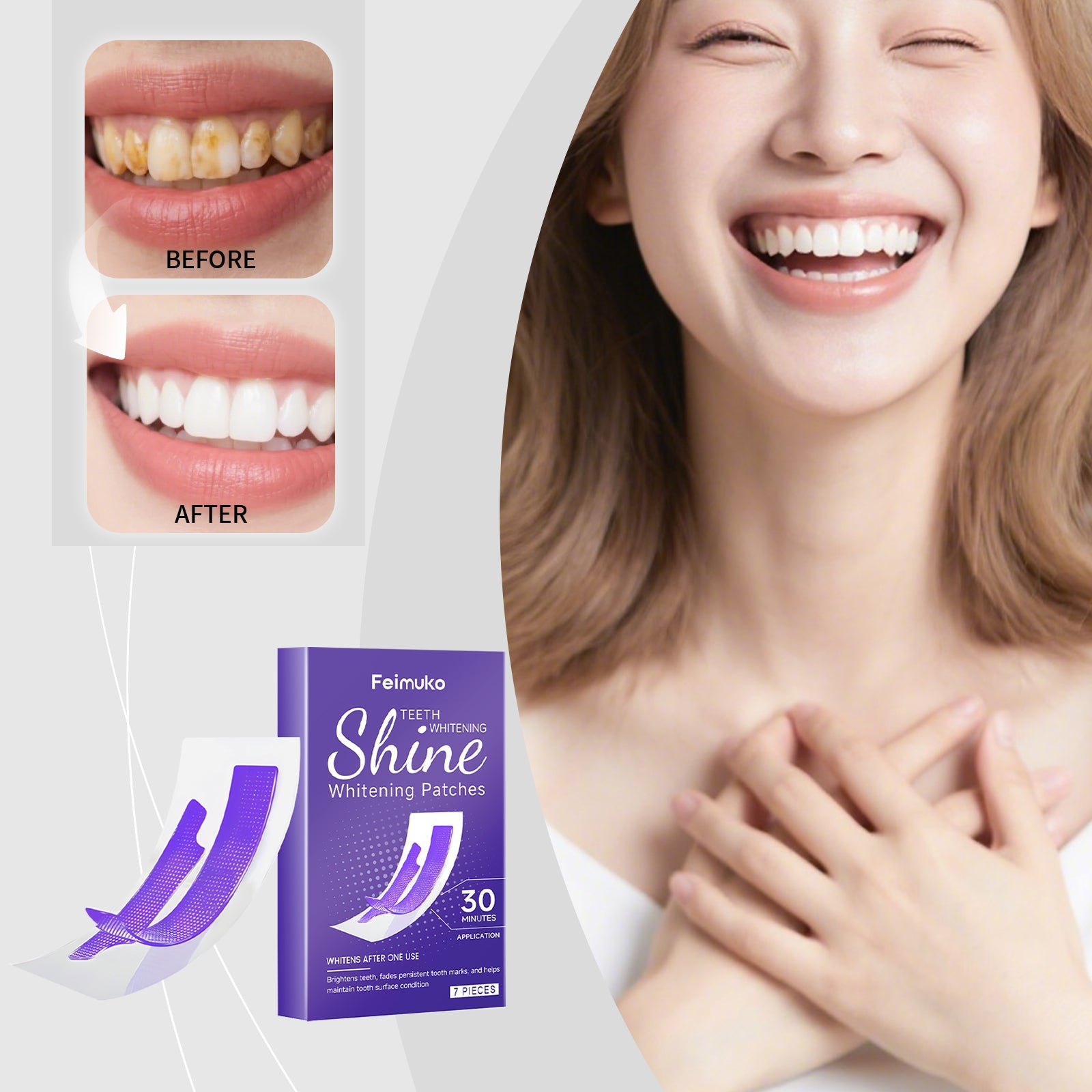 Teeth whitening patches box with before-and-after tooth panel, purple “30”