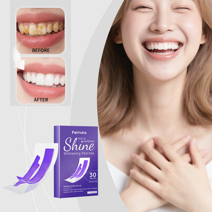 Teeth whitening patches box with before-and-after tooth panel, purple “30”