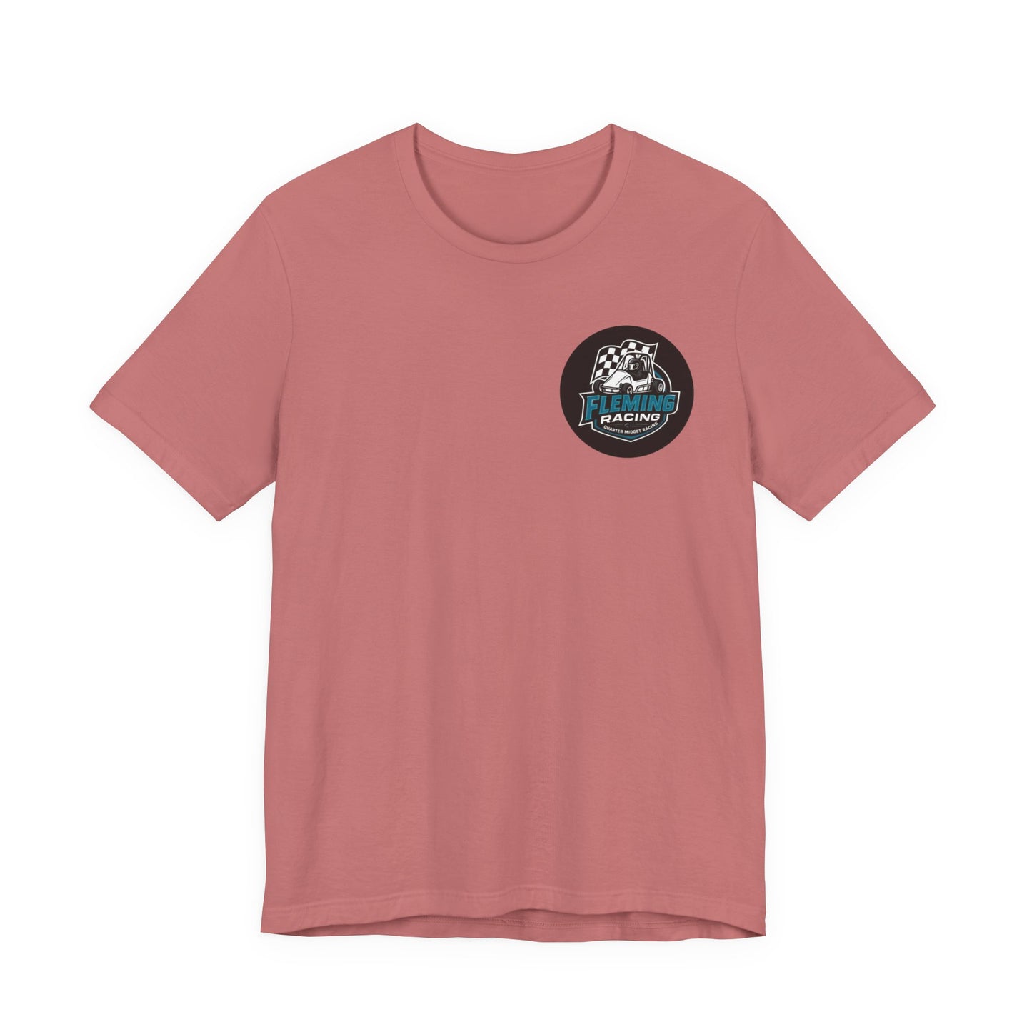 Dusty rose racing logo T-shirt with round emblem on the chest