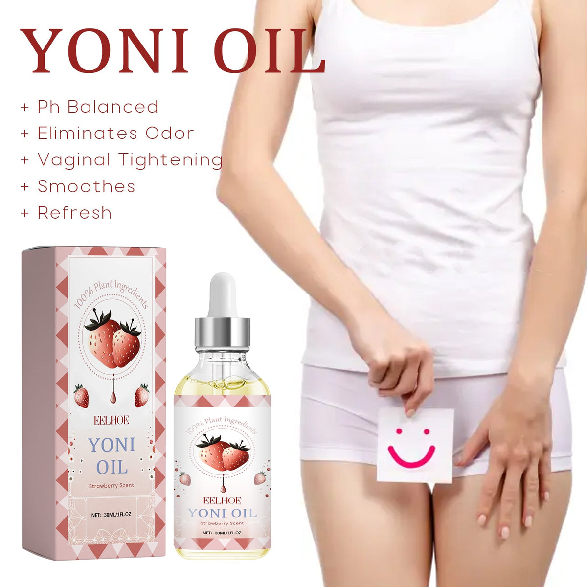 Intimate essential oil bottle with dropper and box beside legs holding a smile card
