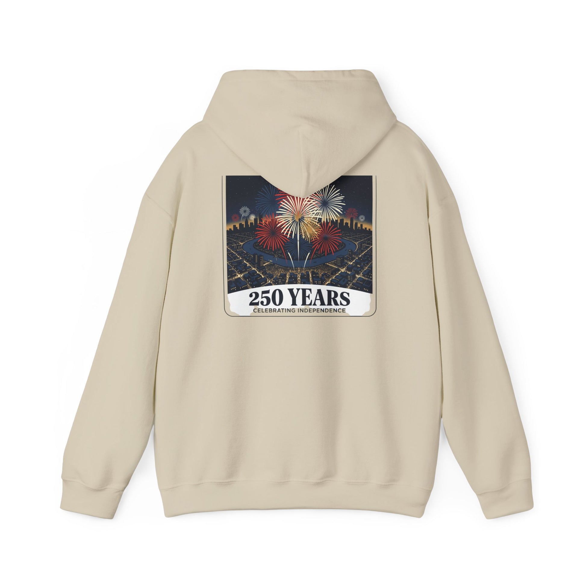 Beige pullover hoodie with fireworks “250 years” graphic on the back