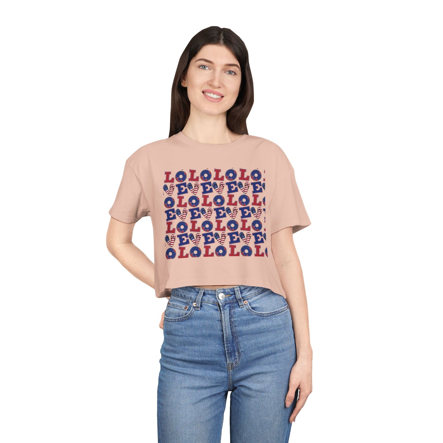 Blush pink crop graphic tee with multicolor LOLO pattern front, crew neck, short sleeves