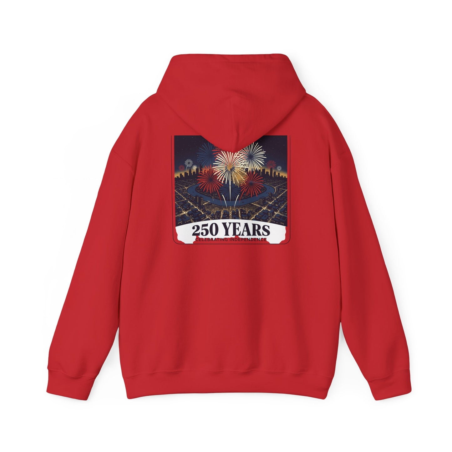 Red hoodie with back fireworks graphic and "250 YEARS" label