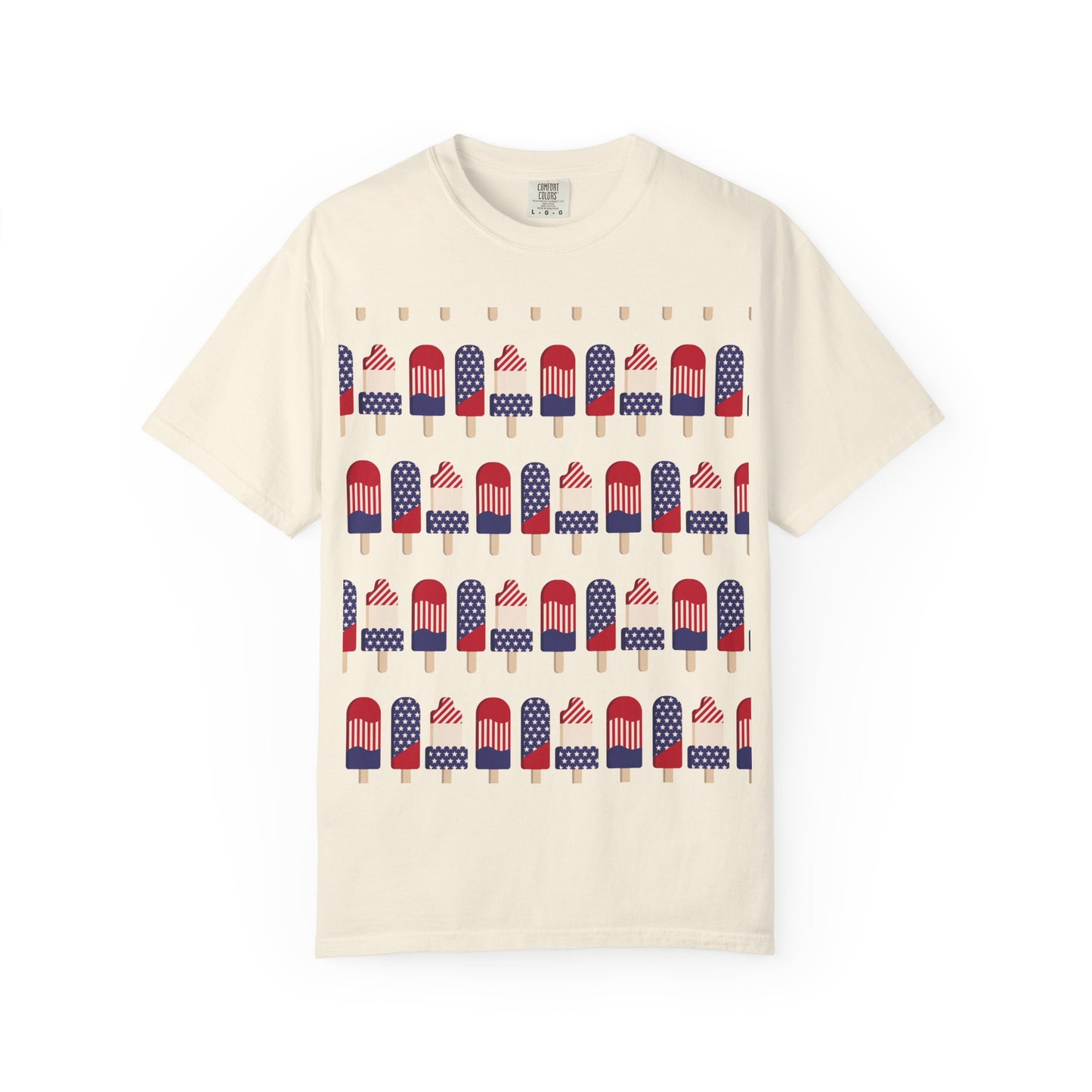 Ivory T-shirt with popsicle-themed American flag graphic across the chest