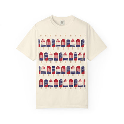 Ivory T-shirt with popsicle-themed American flag graphic across the chest