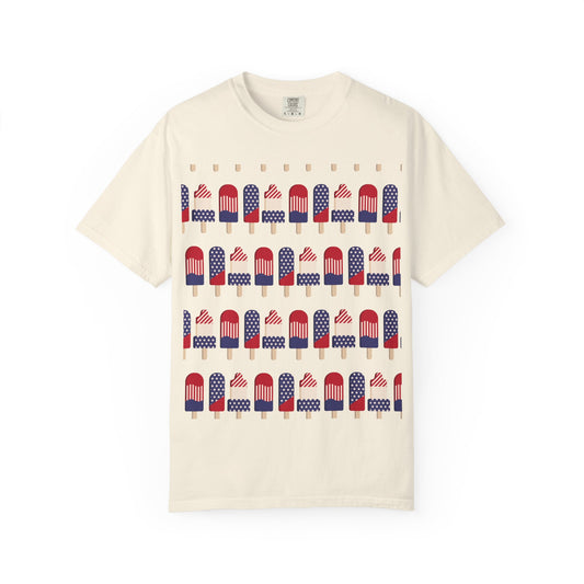 Ivory T-shirt with American flag popsicle graphic print across the chest