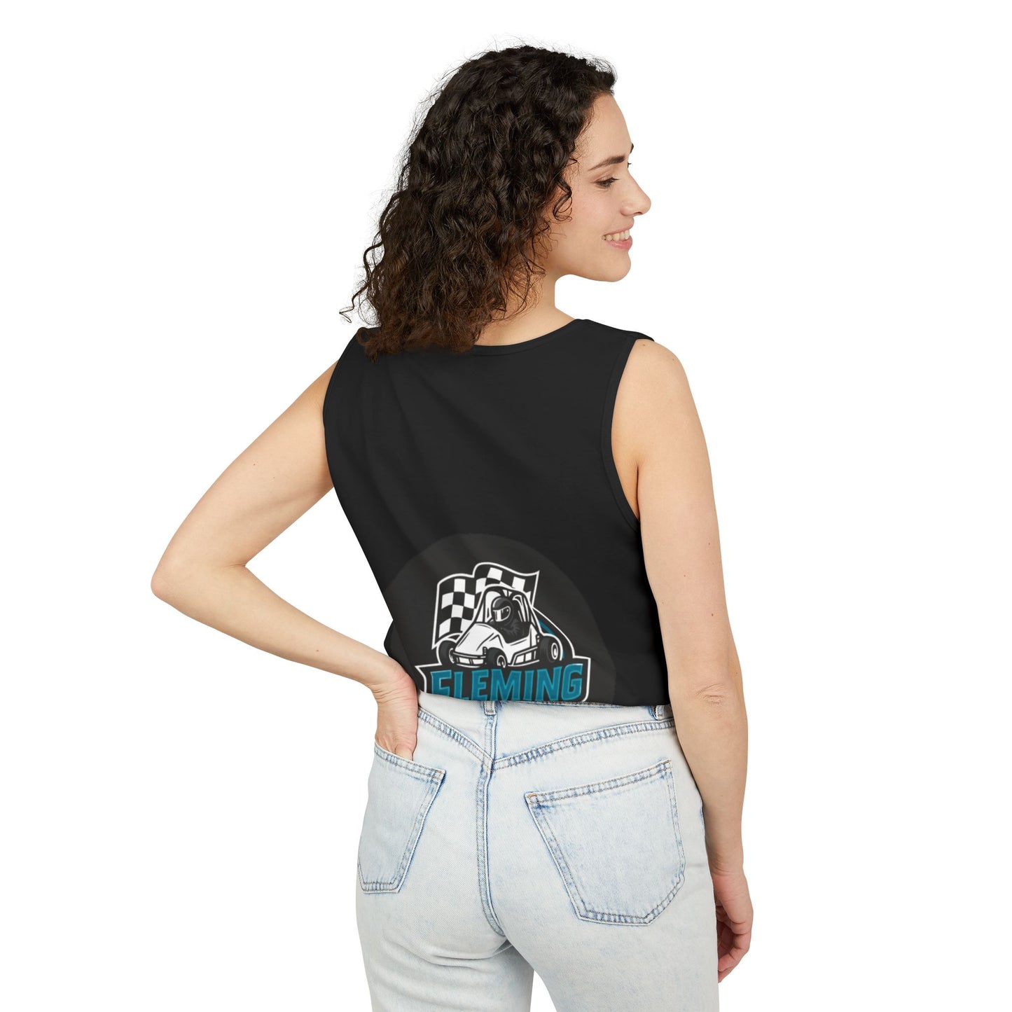 Black racing tank top with motorsports logo graphic on back