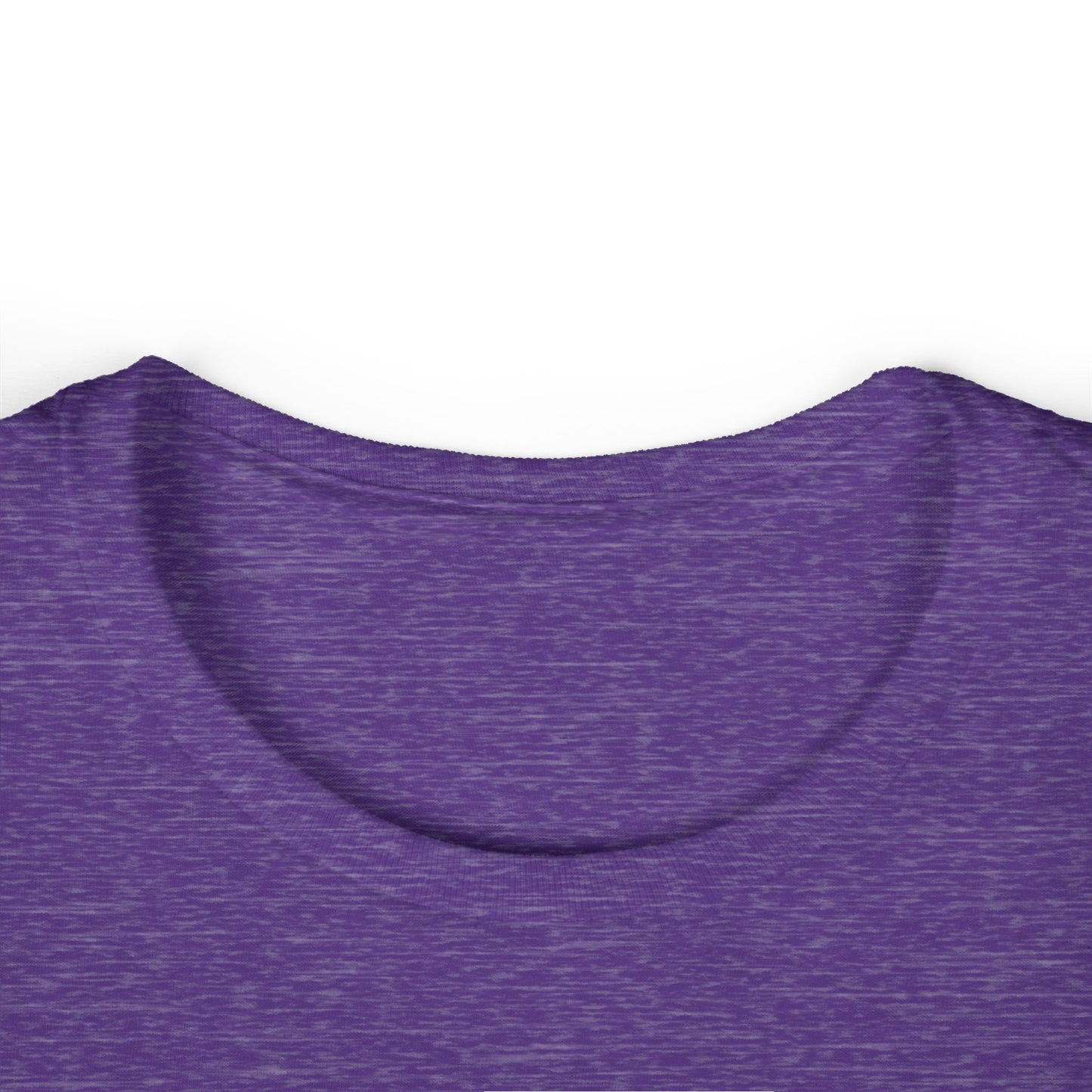 Purple heather crew-neck T-shirt with short sleeves, close-up of neckline.