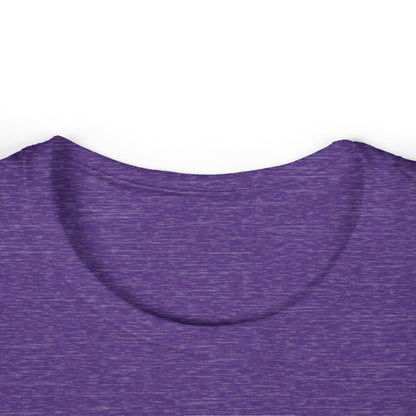Purple heather crew-neck T-shirt with short sleeves, close-up of neckline.