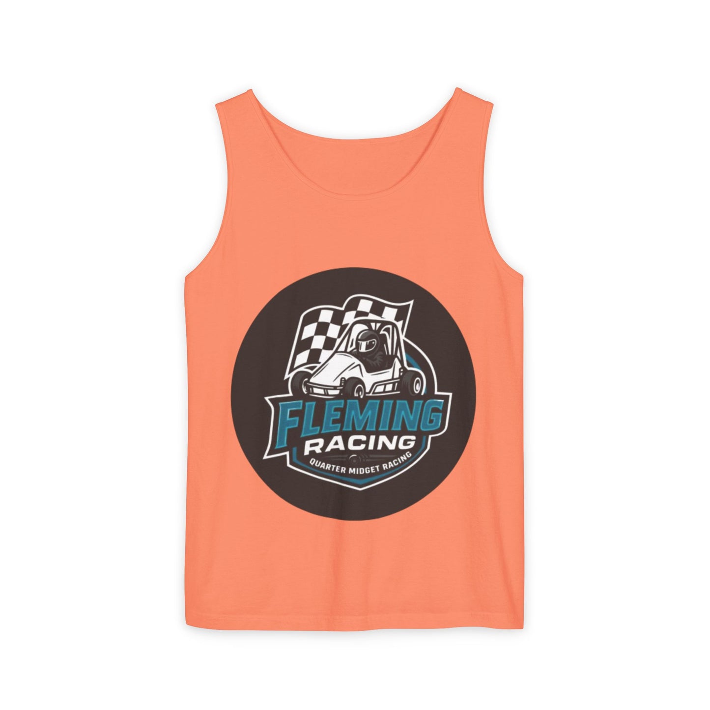 Peach orange racing tank top with round Fleming Racing graphic and checkered car logo