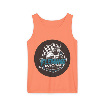 Peach orange racing tank top with round Fleming Racing graphic and checkered car logo